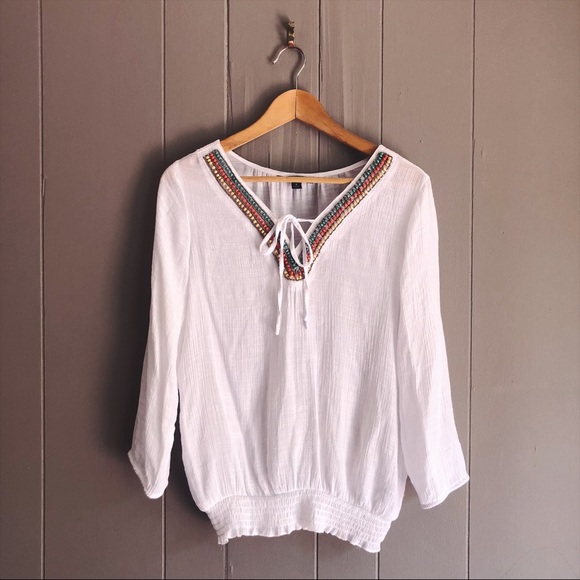 Zac & Rachel Tops - White with colorful Beaded Vneck Peasant Top